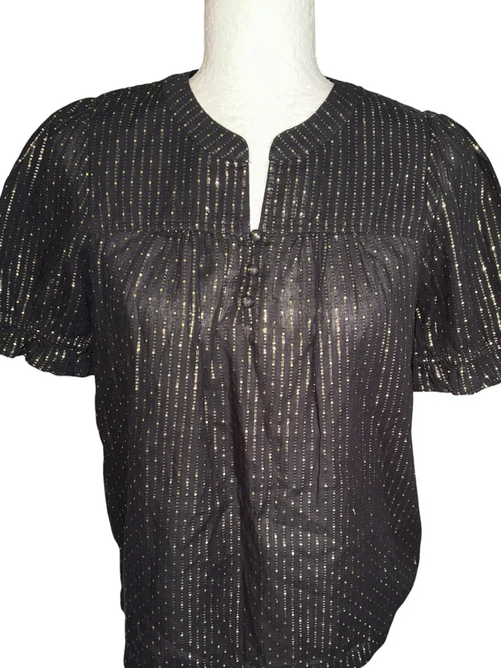 NWT J. Crew Black & Metallic Gold Lurex Dot Puff Sleeve Blouse - XS